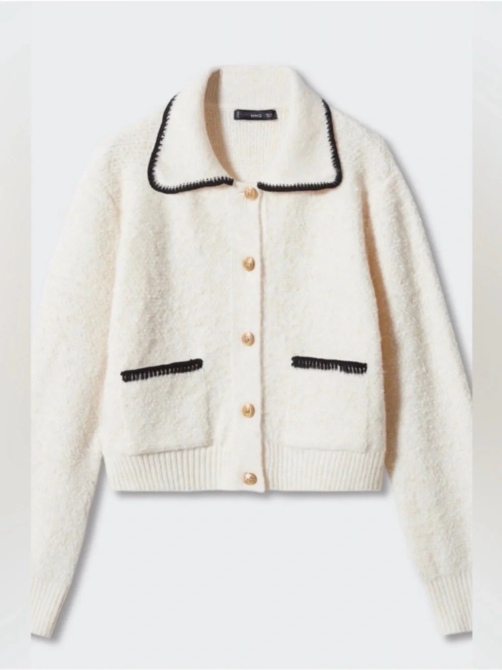 Mango Cream Knit Cardigan with Black Trim
